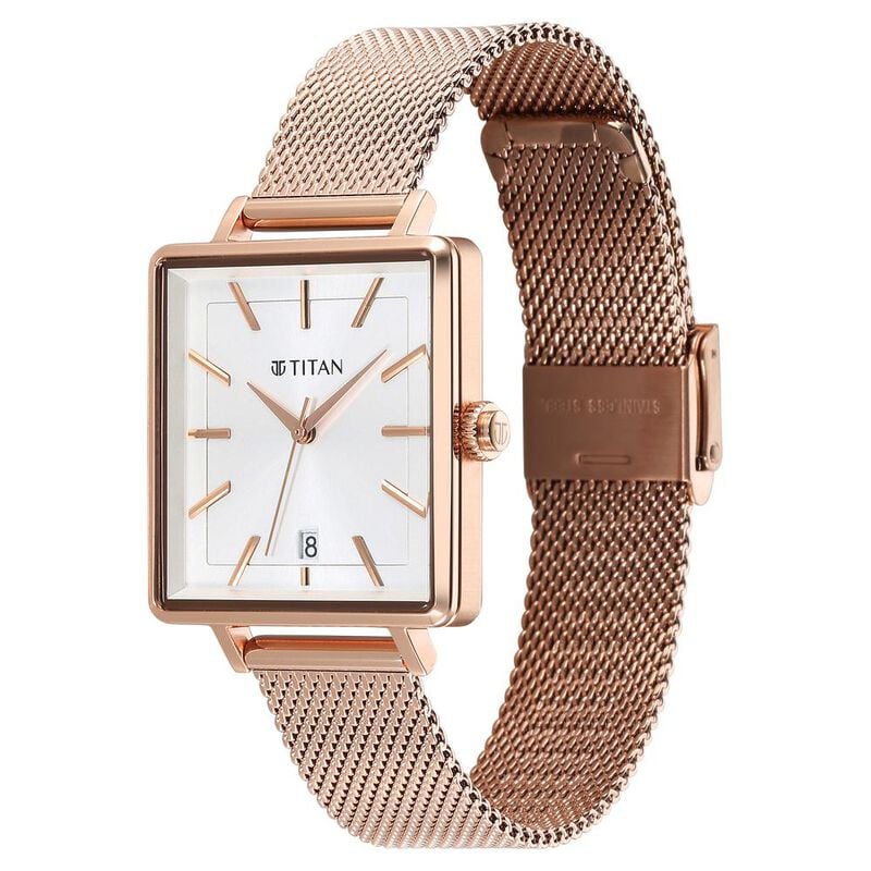Titan Minimalists Quartz Analog with Date Silver Dial Rose Gold Stainless Steel Strap Watch for Women / 94205WM01 - KRISHNA WATCH COMPANY
