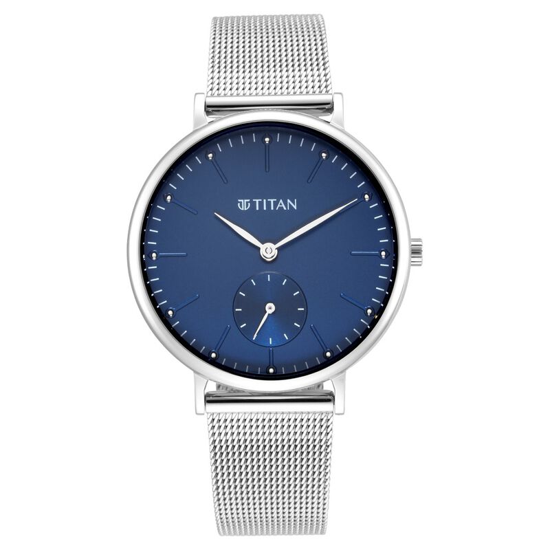 Titan Slimline Quartz Analog Offset Second Hand Blue Dial with Mesh Strap Watch for Women NS95142SM01 / 95142SM01 - KRISHNA WATCH COMPANY