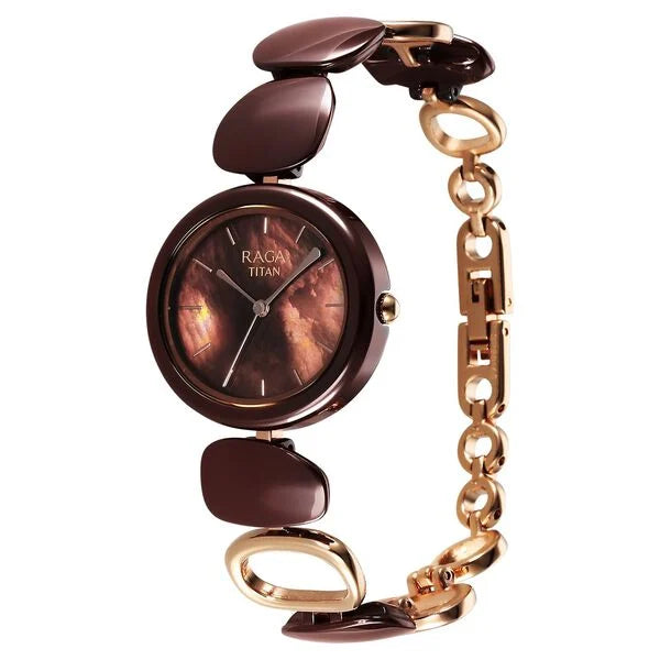 Titan Raga Ceramics Quartz Analog Brown Mother of pearl Dial Metal & Ceramic Strap Strap Watch For Women 95146kd03 - KRISHNA WATCH COMPANY