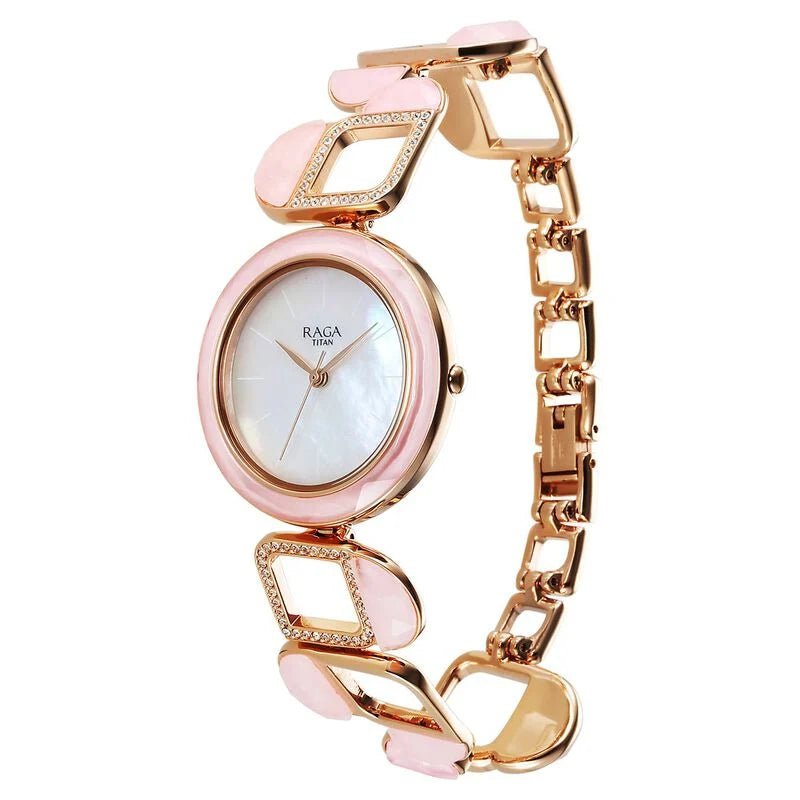 Titan Raga New You Quartz Analog Mother Of Pearl Dial Rose Quartz stone Strap Watch for Women 95196WM01 - KRISHNA WATCH COMPANY