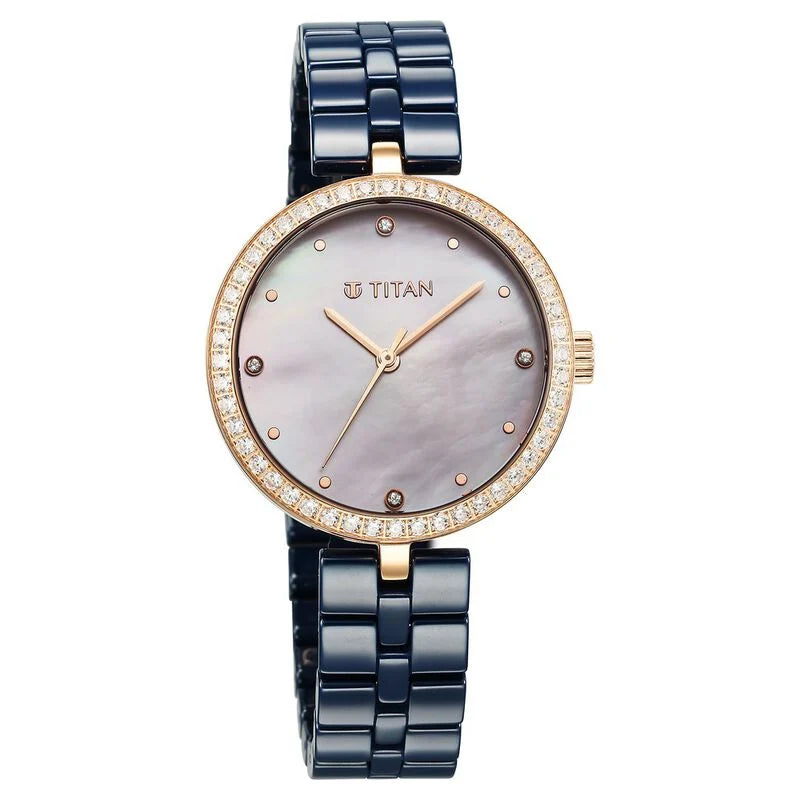 Titan Purple Ceramics Quartz Analog Mother of Pearl Dial Blue Ceramic Strap Watch For Women 95215KC03 - KRISHNA WATCH COMPANY
