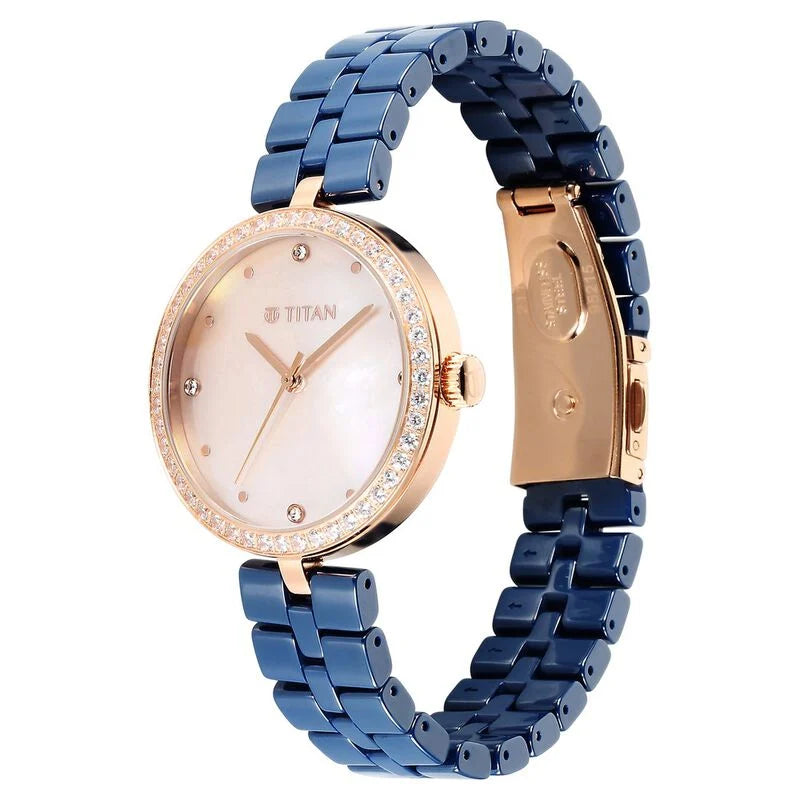 Titan Purple Ceramics Quartz Analog Mother of Pearl Dial Blue Ceramic Strap Watch For Women 95215KC03 - KRISHNA WATCH COMPANY