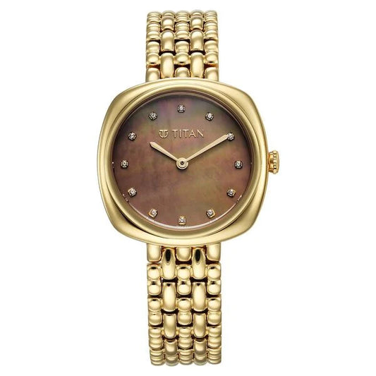 Titan Aura Quartz Analog Brown Mother of Pearl Dial Golden Watch for Women - 95241YM01