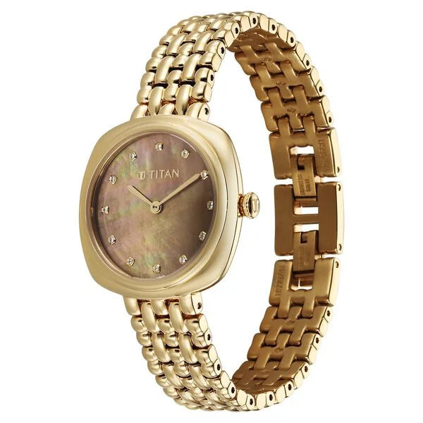 Titan Aura Quartz Analog Brown Mother of Pearl Dial Golden Watch for Women - 95241YM01 - KRISHNA WATCH COMPANY