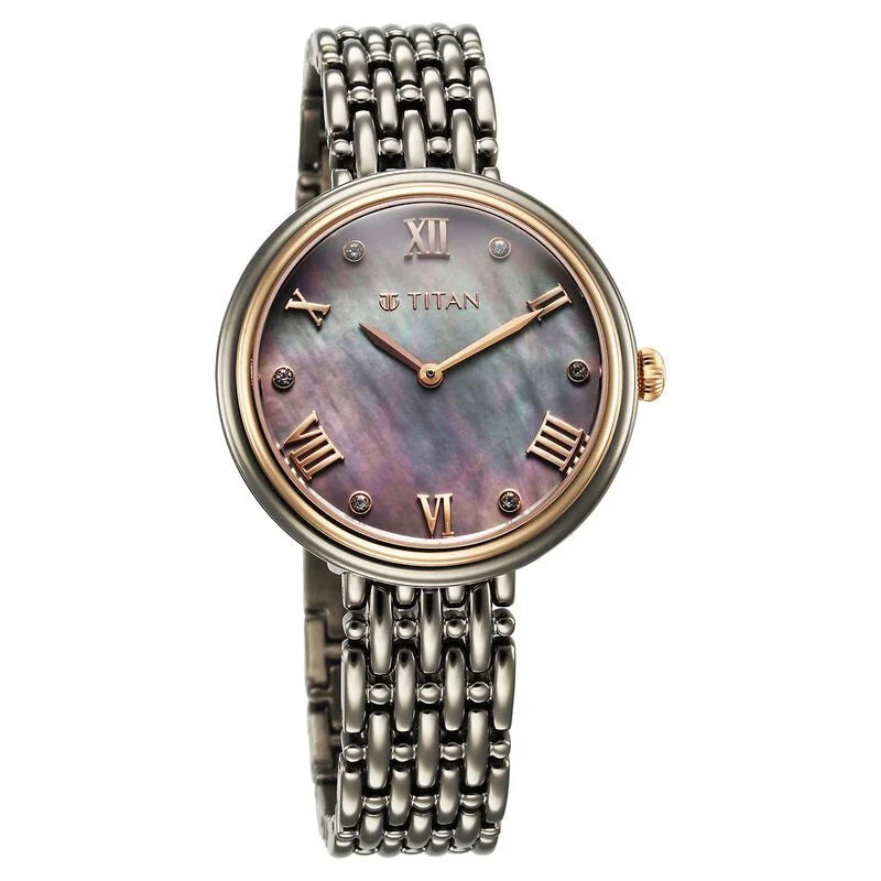 Titan Aura Quartz Analog Titanium Mother of Pearl Dial Titanium Stainless Steel Strap Watch for Women 95243KM01 - KRISHNA WATCH COMPANY