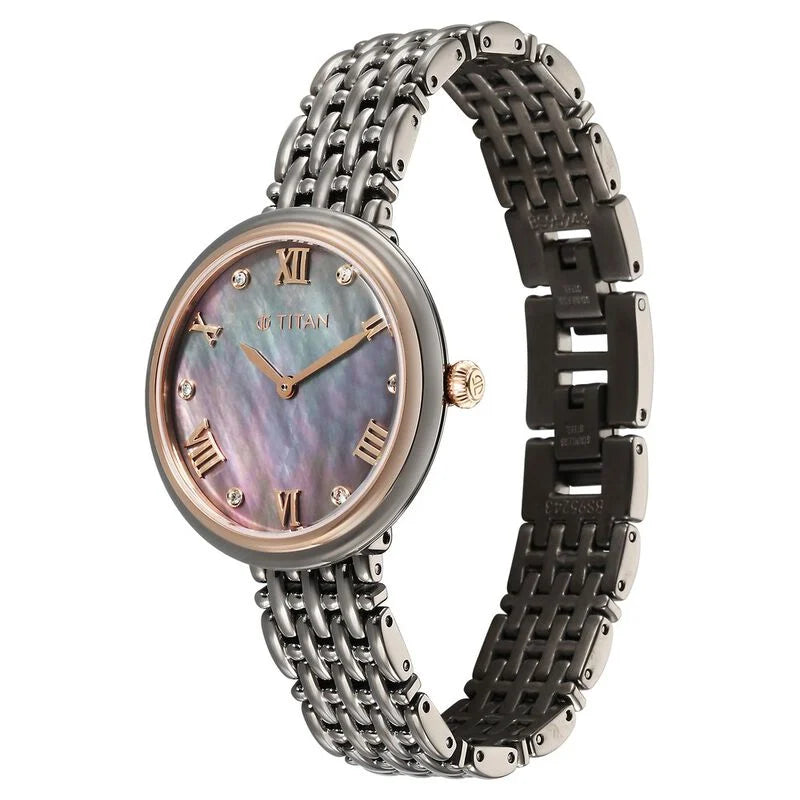 Titan Aura Quartz Analog Titanium Mother of Pearl Dial Titanium Stainless Steel Strap Watch for Women 95243KM01 - KRISHNA WATCH COMPANY