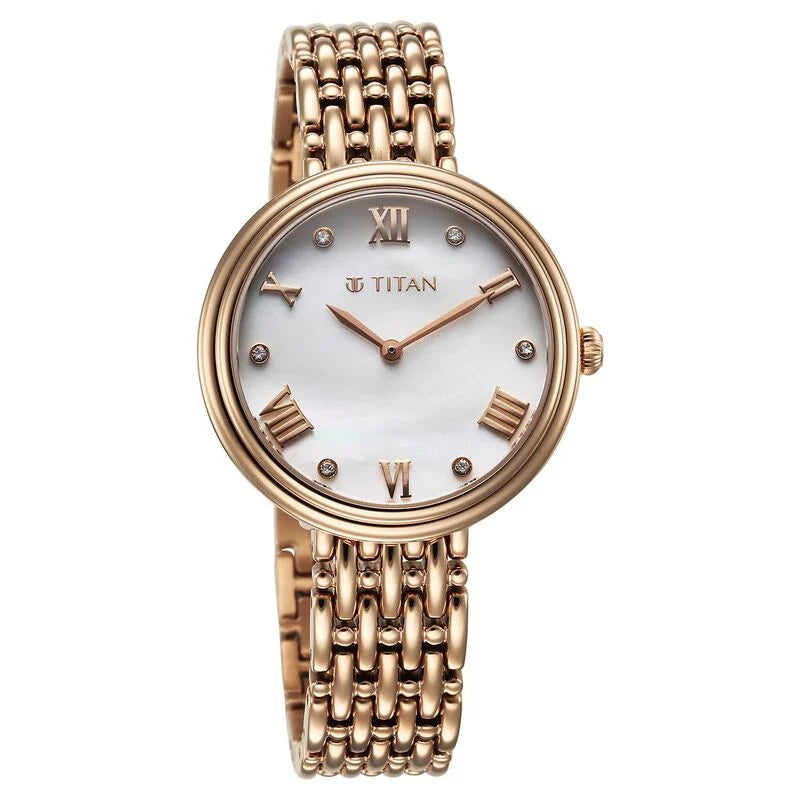 Titan Aura Quartz Analog White Mother of Pearl Dial Rose Gold Stainless Steel Strap Watch for Women 95243WM01 - KRISHNA WATCH COMPANY