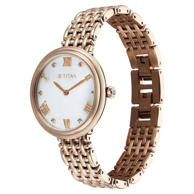 Titan Aura Quartz Analog White Mother of Pearl Dial Rose Gold Stainless Steel Strap Watch for Women 95243WM01 - KRISHNA WATCH COMPANY