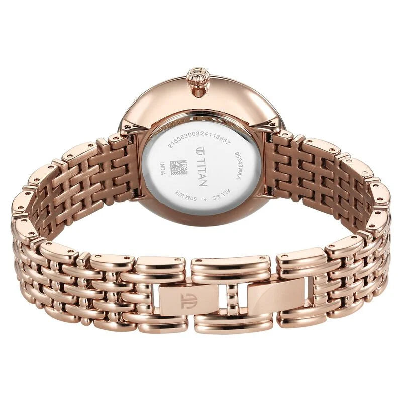 Titan Aura Quartz Analog White Mother of Pearl Dial Rose Gold Stainless Steel Strap Watch for Women 95243WM01 - KRISHNA WATCH COMPANY