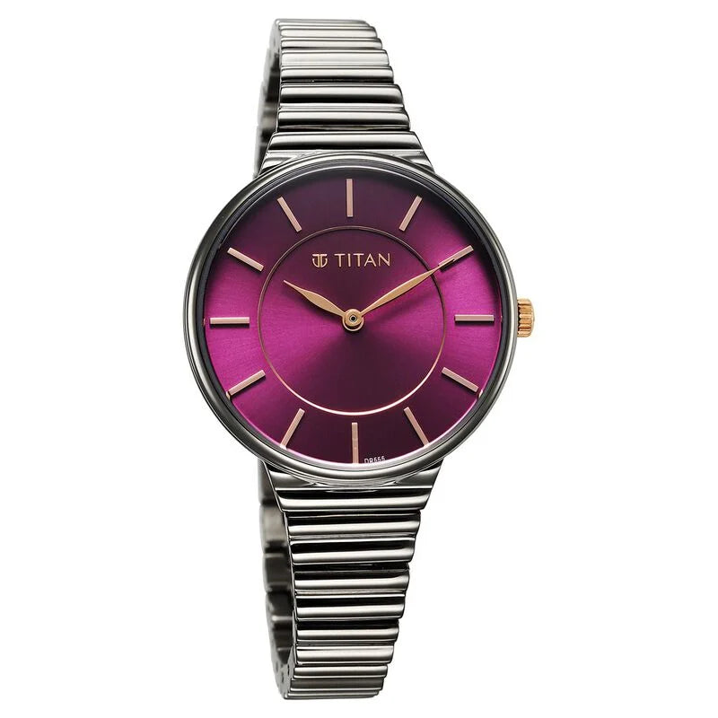 Titan Aura Quartz Analog Purple Dial Stainless Steel Strap Watch for Women 95245KM01 - KRISHNA WATCH COMPANY