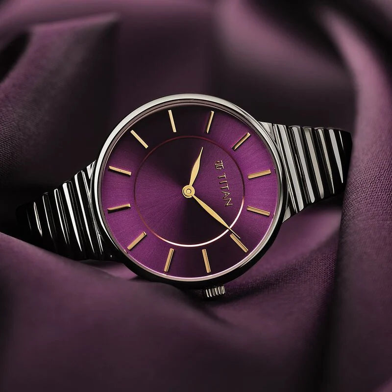 Titan Aura Quartz Analog Purple Dial Stainless Steel Strap Watch for Women 95245KM01 - KRISHNA WATCH COMPANY