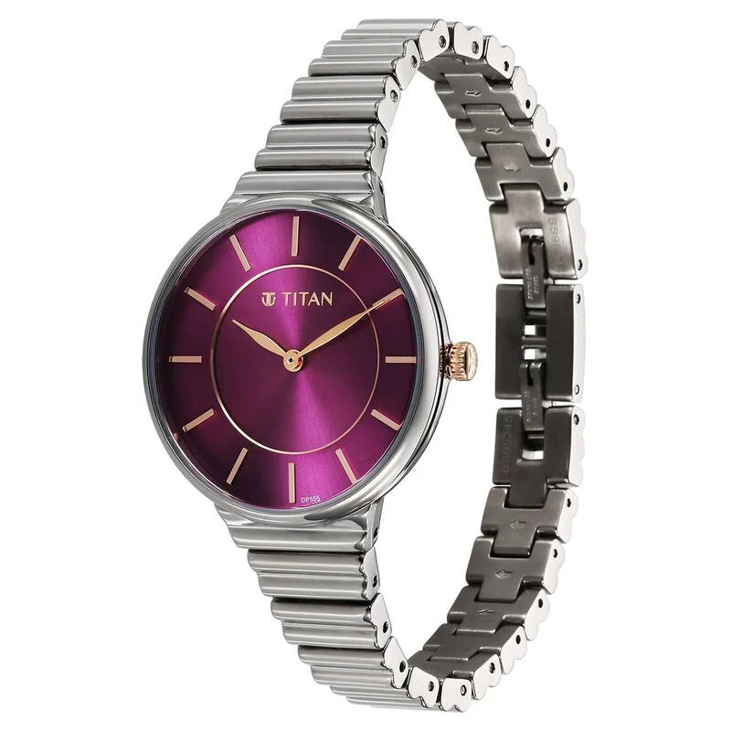 Titan Aura Quartz Analog Purple Dial Stainless Steel Strap Watch for Women 95245KM01 - KRISHNA WATCH COMPANY