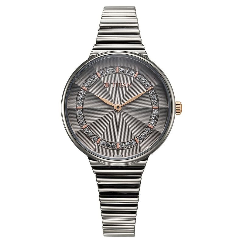 Titan Aura Quartz Analog Grey Dial Stainless Steel Strap Watch for Women 95245KM02 - KRISHNA WATCH COMPANY