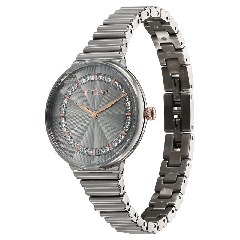 Titan Aura Quartz Analog Grey Dial Stainless Steel Strap Watch for Women 95245KM02 - KRISHNA WATCH COMPANY