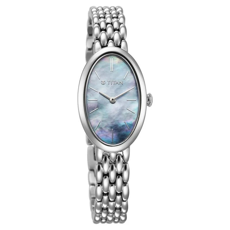 Titan Aura Quartz Analog Mother Of Pearl Dial Stainless Steel Strap Watch for Women 95246SM01 - KRISHNA WATCH COMPANY
