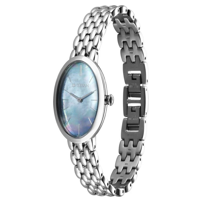 Titan Aura Quartz Analog Mother Of Pearl Dial Stainless Steel Strap Watch for Women 95246SM01 - KRISHNA WATCH COMPANY