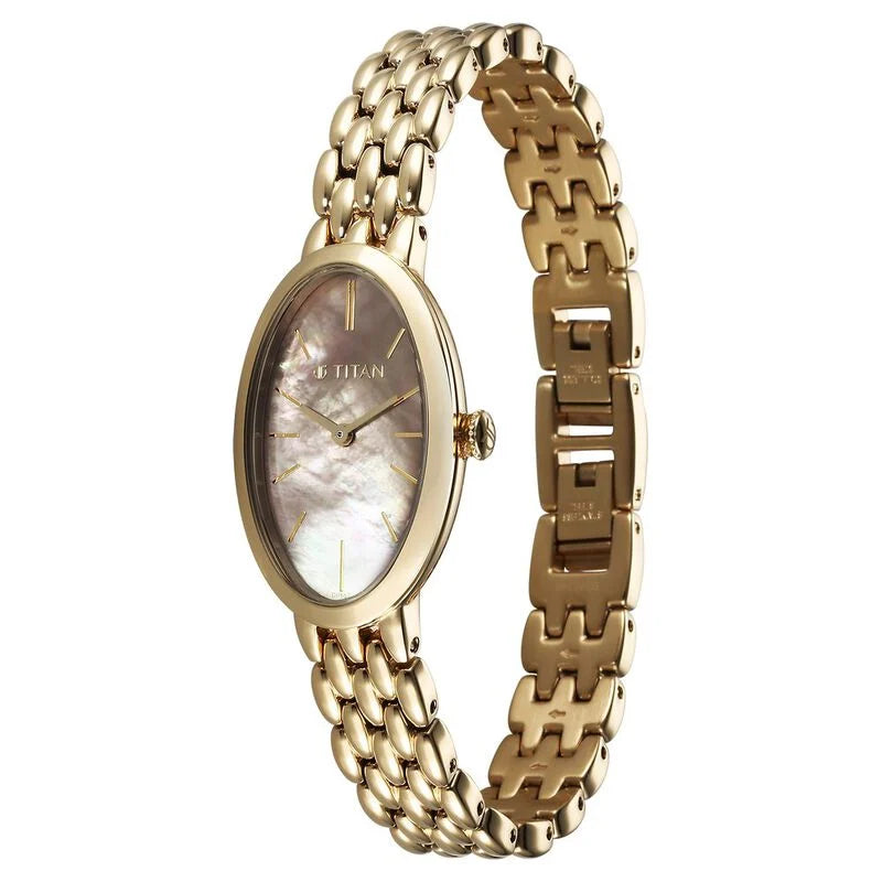 Titan Aura Quartz Analog Mother Of Pearl Dial Stainless Steel Strap Watch for Women 95246YM01 - KRISHNA WATCH COMPANY