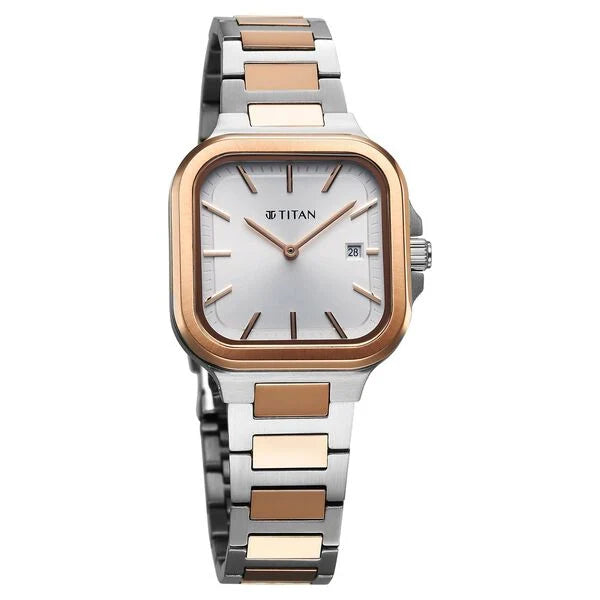 Titan Slim Square Quartz Analog with Date Silver Dial With Two Toned Color Stainless Steel Strap Watch For Women 95291km01 - KRISHNA WATCH COMPANY