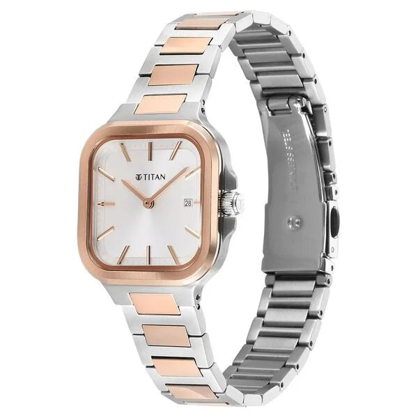 Titan Slim Square Quartz Analog with Date Silver Dial With Two Toned Color Stainless Steel Strap Watch For Women 95291km01 - KRISHNA WATCH COMPANY