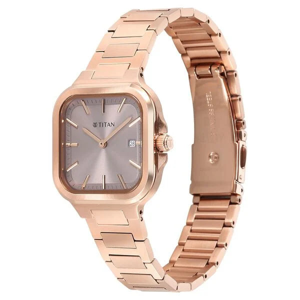 Titan Slim Square Quartz Analog with Date Lavender Dial With Rose Gold Color atch For Women - 95291WM01 - KRISHNA WATCH COMPANY