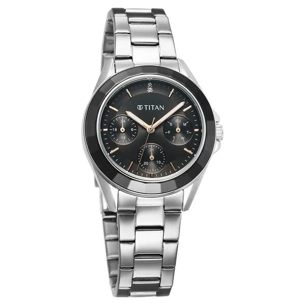 Titan Glamour Quartz Multifunction Black Dial Silver Stainless Steel Strap Watch For Women 95315km01 - KRISHNA WATCH COMPANY
