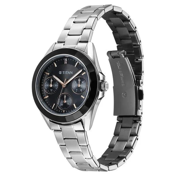 Titan Glamour Quartz Multifunction Black Dial Silver Stainless Steel Strap Watch For Women 95315km01 - KRISHNA WATCH COMPANY