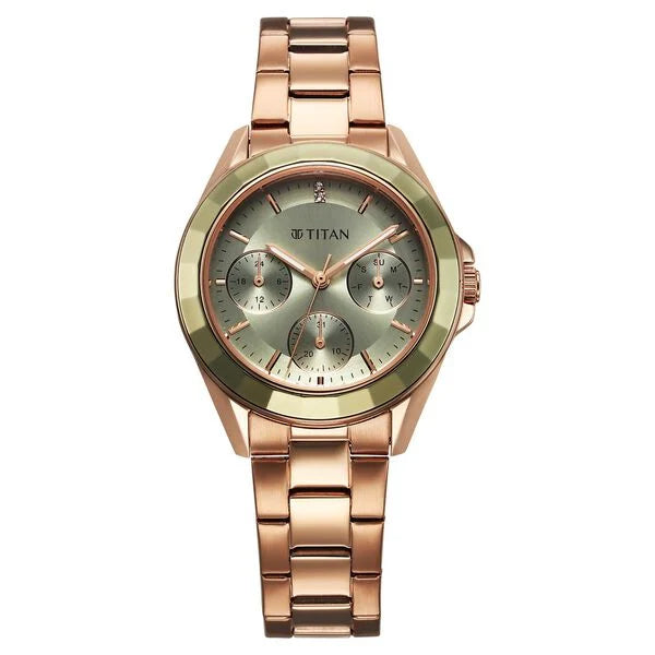 Titan Glamour Quartz Multifunction Green Dial Rose Gold Stainless Steel Strap Watch For Women 95315km03 - KRISHNA WATCH COMPANY