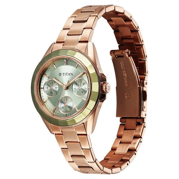 Titan Glamour Quartz Multifunction Green Dial Rose Gold Stainless Steel Strap Watch For Women 95315km03 - KRISHNA WATCH COMPANY