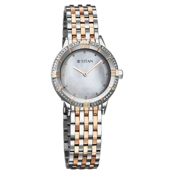 Titan Glamour Quartz Analog Mother Of Pearl Dial Two Toned Watch For Women - 95316KM01 - KRISHNA WATCH COMPANY