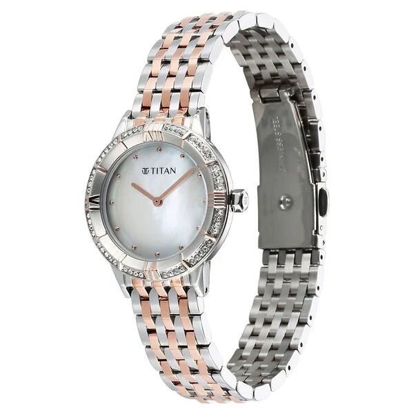 Titan Glamour Quartz Analog Mother Of Pearl Dial Two Toned Watch For Women - 95316KM01 - KRISHNA WATCH COMPANY