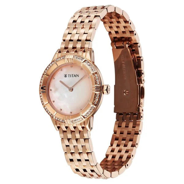 Titan Glamour Quartz Analog Mother Of Pearl Dial Rose Gold Stainless Steel Strap Watch For Women 95316wm01 - KRISHNA WATCH COMPANY