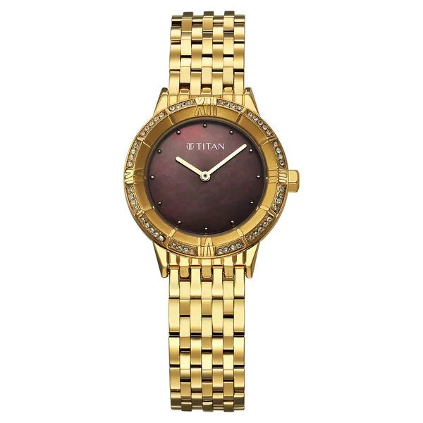 Titan Glamour Quartz Analog Brown Dial Golden Watch For Women - 95316YM01 - KRISHNA WATCH COMPANY