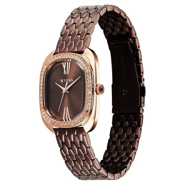 Titan Glamour Quartz Analog Brown Dial Brown Stainless Steel Strap Watch For Women 95317km01 - KRISHNA WATCH COMPANY