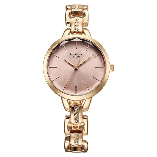 Titan Raga Showstopper Quartz Analog Rose Gold Dial Metal Strap Watch For Women 95352wm01
