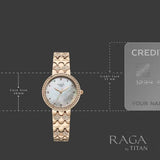 Titan Raga Spotlight Quartz Analog White Dial Rose Gold Metal Strap Watch For Women 95422wm01