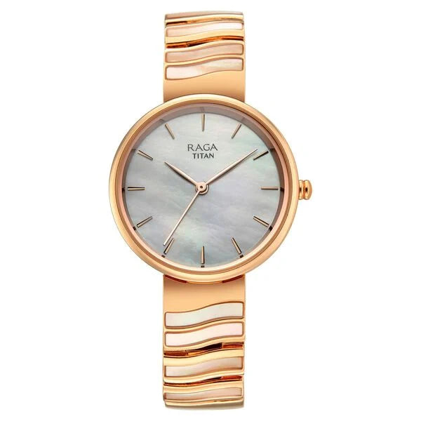 Titan Raga Spotlight Quartz Analog White Dial Rose Gold Metal Strap Watch For Women 95426wm01
