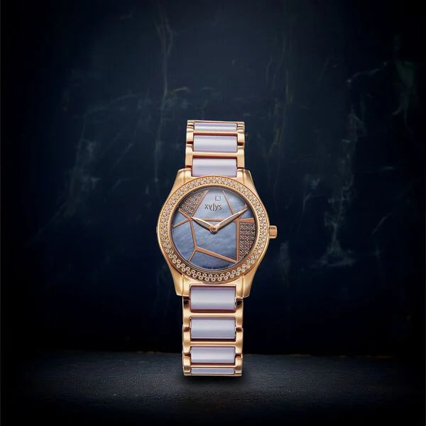 Xylys Swiss Analog Shimmer Swiss Steel & Ceramic Mother of Pearl Lilac Dial Watch for Women 9766wd03e - KRISHNA WATCH COMPANY
