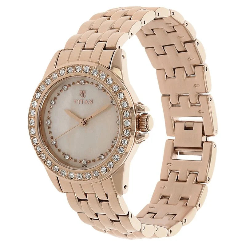 Titan Quartz Analog Champagne Dial Stainless Steel Strap Watch for Women 9798WM01 - KRISHNA WATCH COMPANY