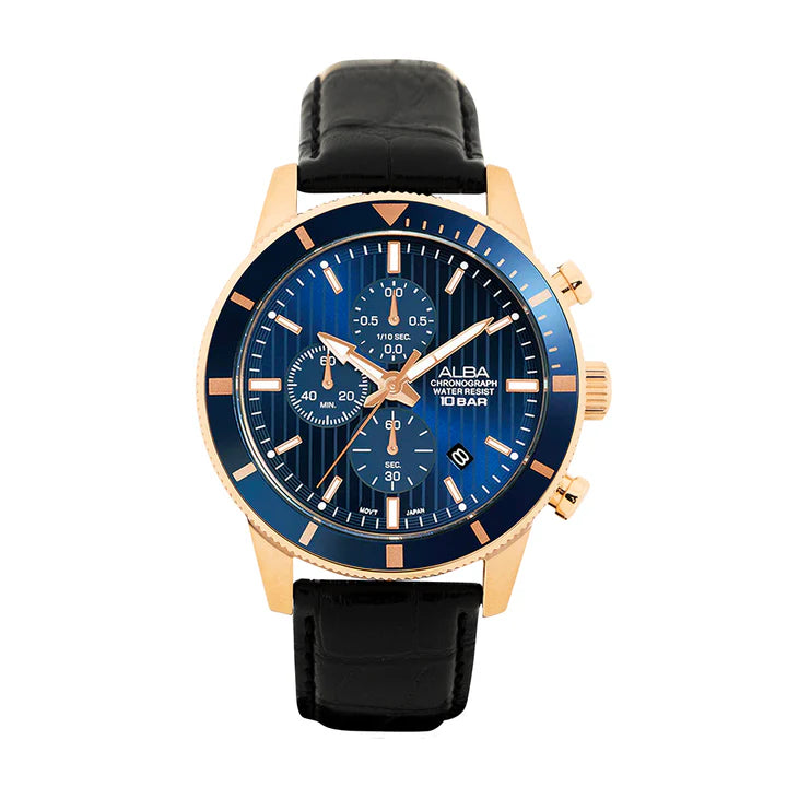 Alba Blue Patterned Dial Chronograph In Leather Strap - AM3960X1 - KRISHNA WATCH COMPANY
