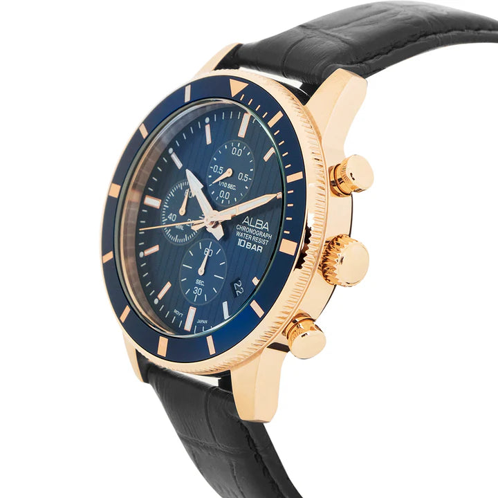 Alba Blue Patterned Dial Chronograph In Leather Strap - AM3960X1 - KRISHNA WATCH COMPANY