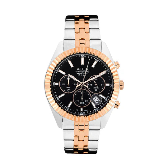 ALBA Black-Gold Dial Chronograph Watch-AT3H12X1 - KRISHNA WATCH COMPANY