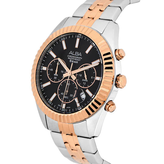 ALBA Black-Gold Dial Chronograph Watch-AT3H12X1 - KRISHNA WATCH COMPANY