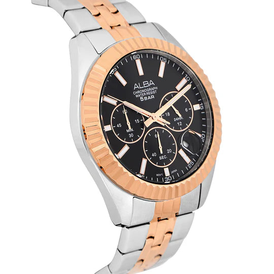 ALBA Black-Gold Dial Chronograph Watch-AT3H12X1 - KRISHNA WATCH COMPANY
