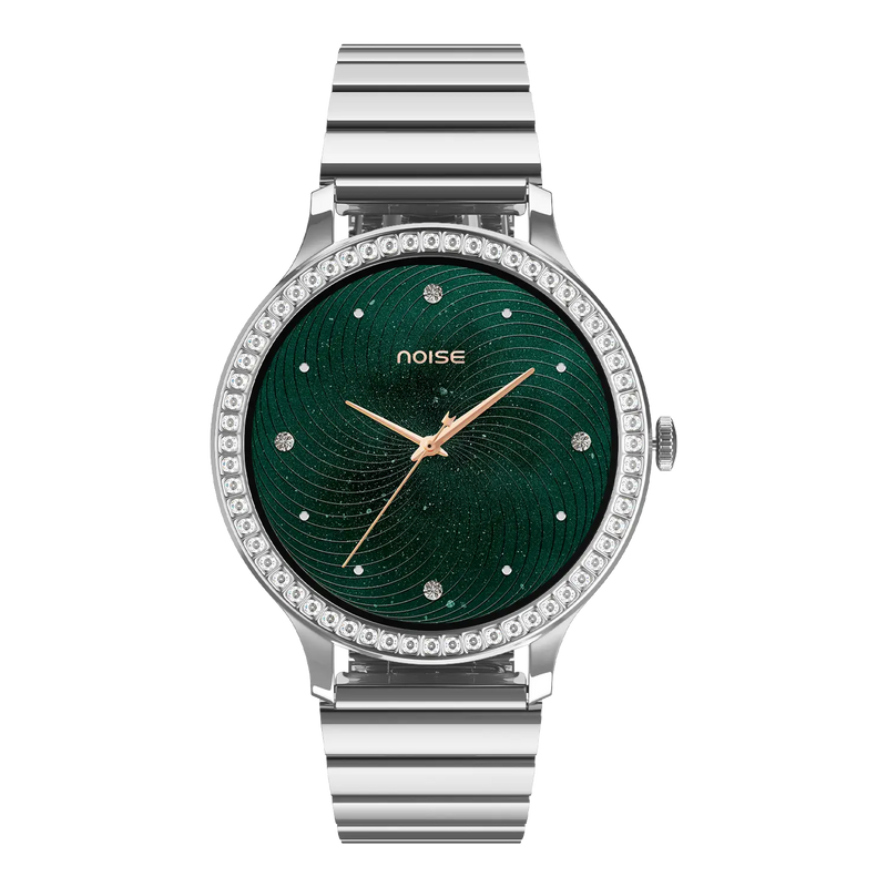 Noise Diva Araya Smartwatch for Women with AMOLED Display (850 Nits), 60 Precision-Set Crystals, Cycle Tracking, Skin Temperature, SOS with Live Location, 100+ Watch Faces - Iconic Silver