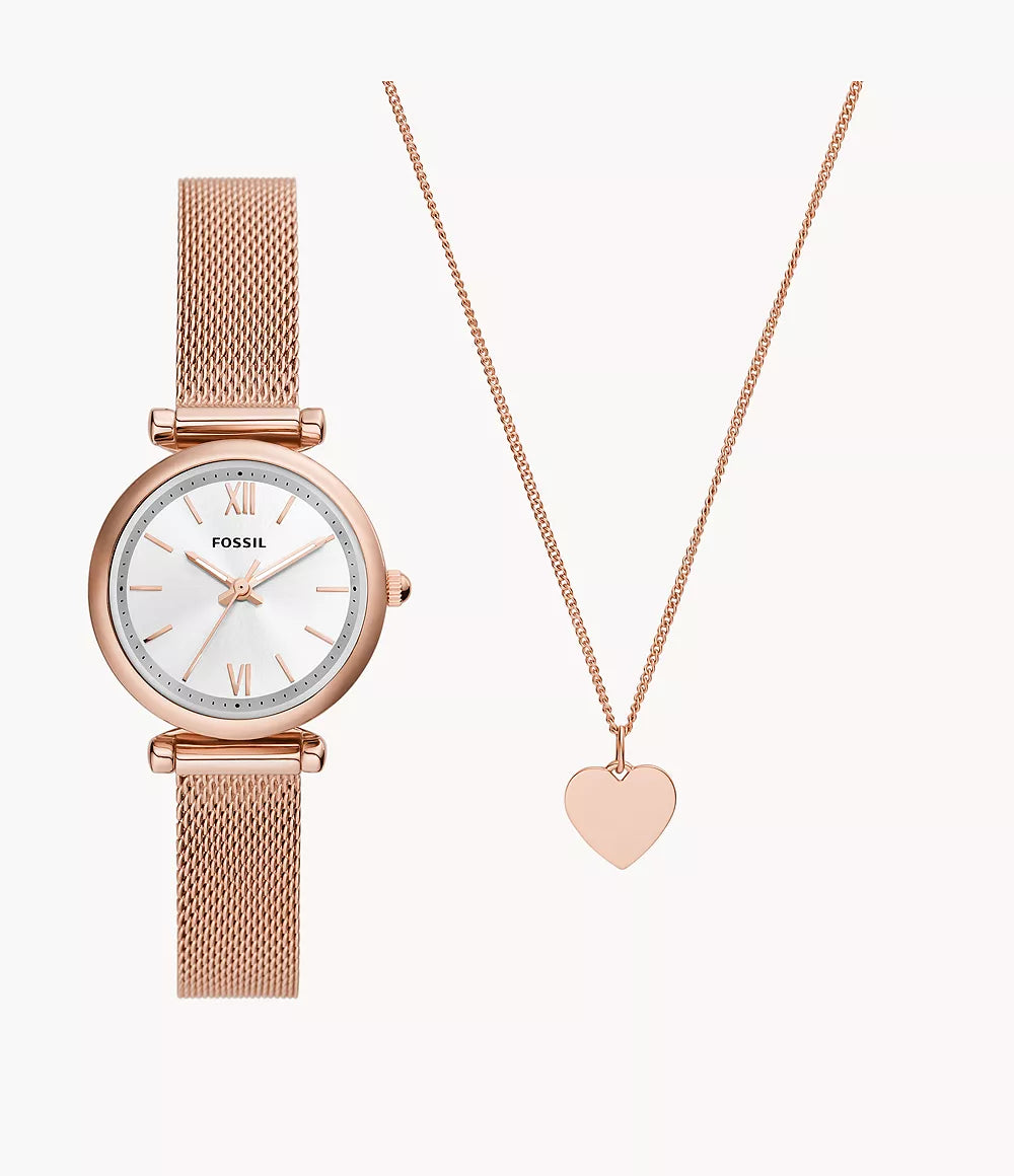 FOSSIL Carlie Three-Hand Rose Gold-Tone Stainless Steel Watch and Necklace Box ES5314SET - KRISHNA WATCH COMPANY