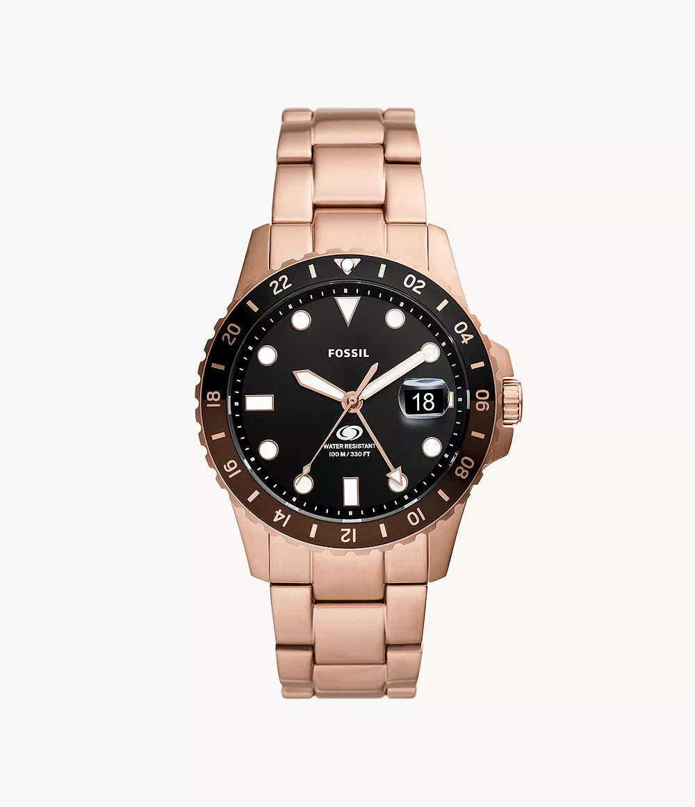 Fossil Blue GMT Rose Gold-Tone Stainless Steel Watch FS6027 - KRISHNA WATCH COMPANY