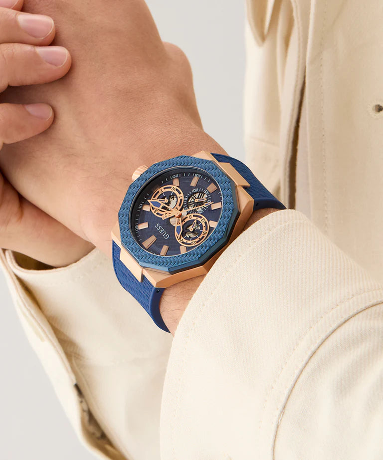 GUESS Mens Blue Rose Gold Tone Multi-function Watch GW0853G3 - KRISHNA WATCH COMPANY