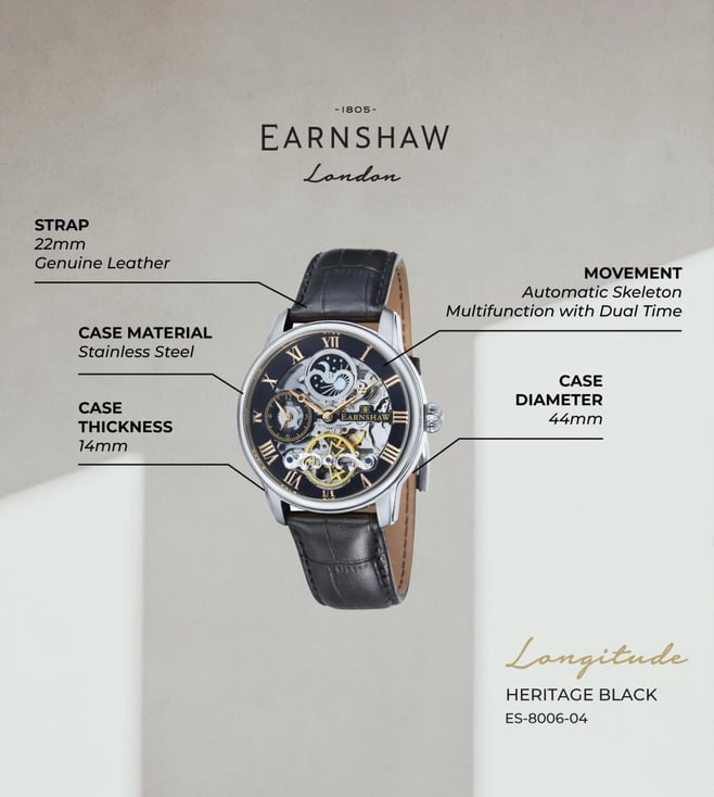 EARNSHAW Longitude Automatic Skeleton Dual Time Multifunction Watch for Men ES-8006-04 - KRISHNA WATCH COMPANY