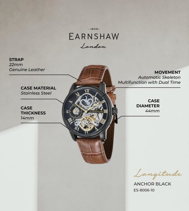 EARNSHAW Longitude Automatic Skeleton Dual Time Multifunction Watch for Men ES-8006-10 - KRISHNA WATCH COMPANY