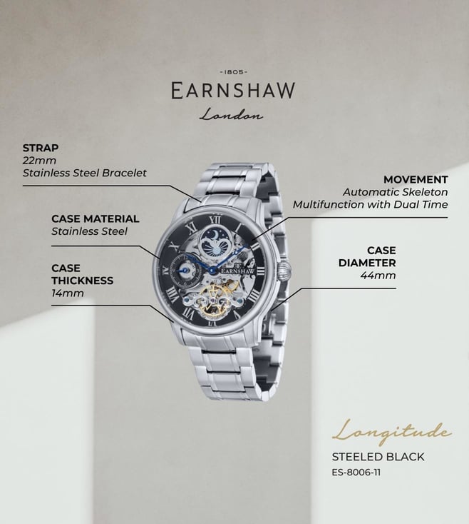 EARNSHAW Longitude Automatic Skeleton Dual Time Multifunction Watch for Men ES-8006-11 - KRISHNA WATCH COMPANY